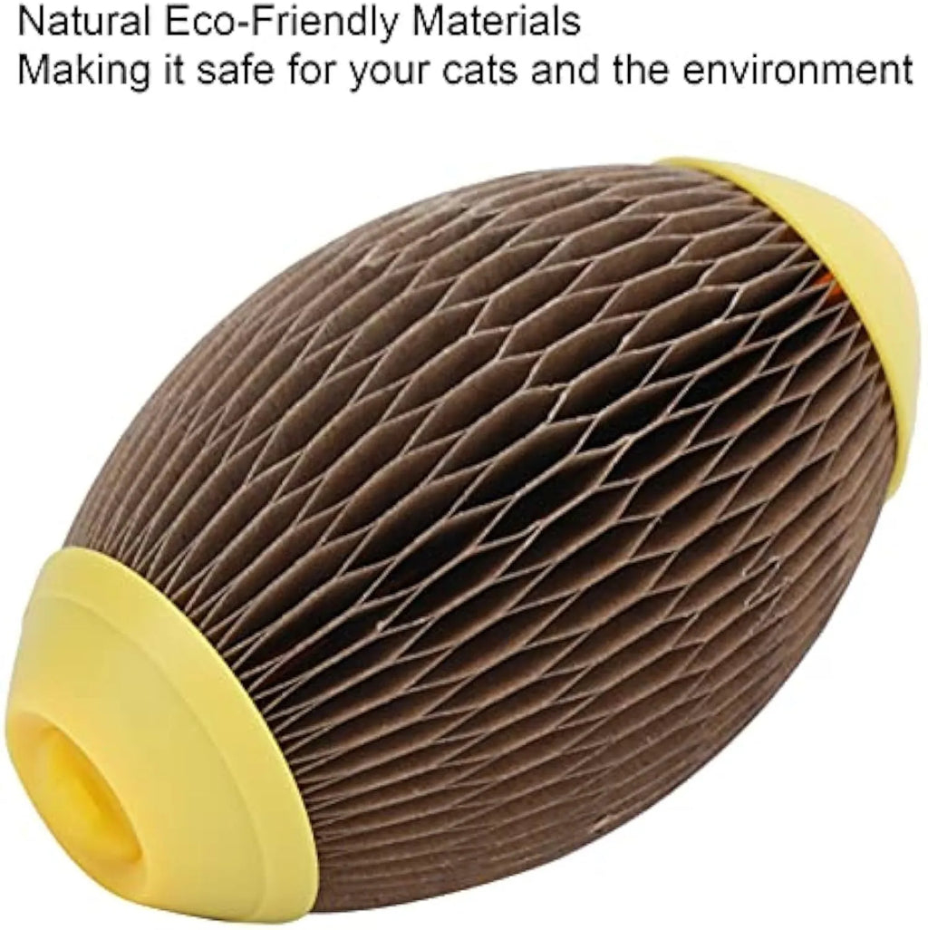 Elliptical corrugated paper cat toy ball with scratch surface for catnip insertion.
