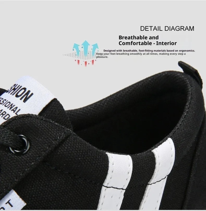 Men's black cloth cover low top canvas shoes with lace-up closure and rubber sole