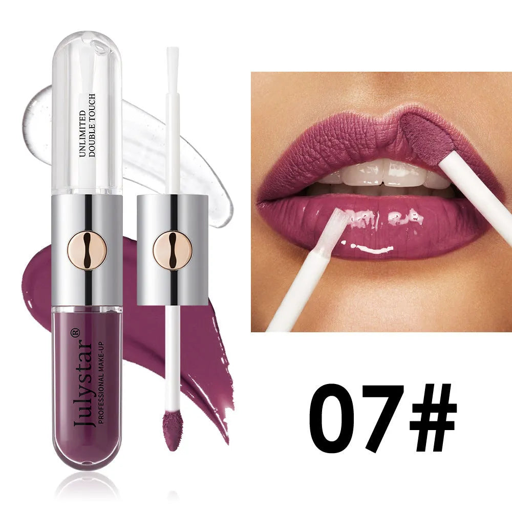 Women's lasting lip gloss tube showing available colours with 6ml moisturising formula