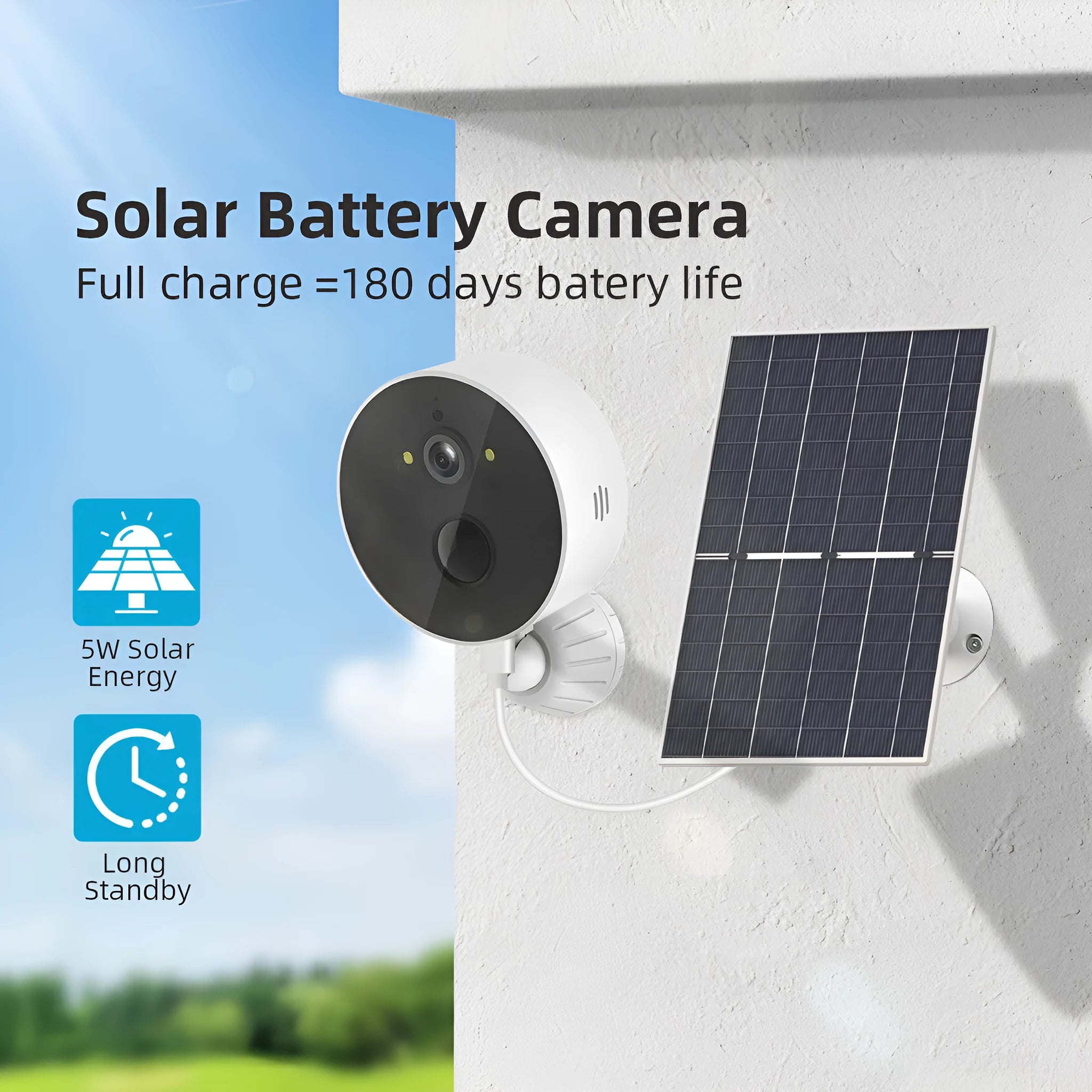 Outdoor solar-powered security camera and solar panel kit for wireless HD monitoring.