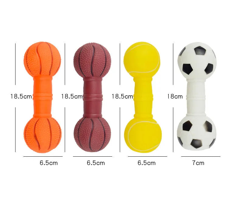 Football dumbbell shaped squeaky dog chew toy in orange colour