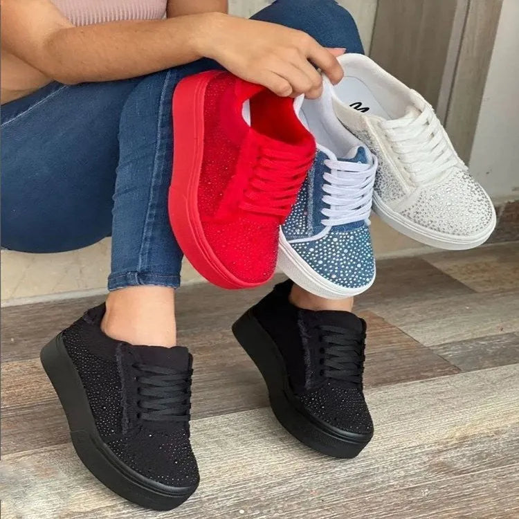 Plus size women's black lace-up casual shoes with rhinestones on round toe and thick flat rubber sole