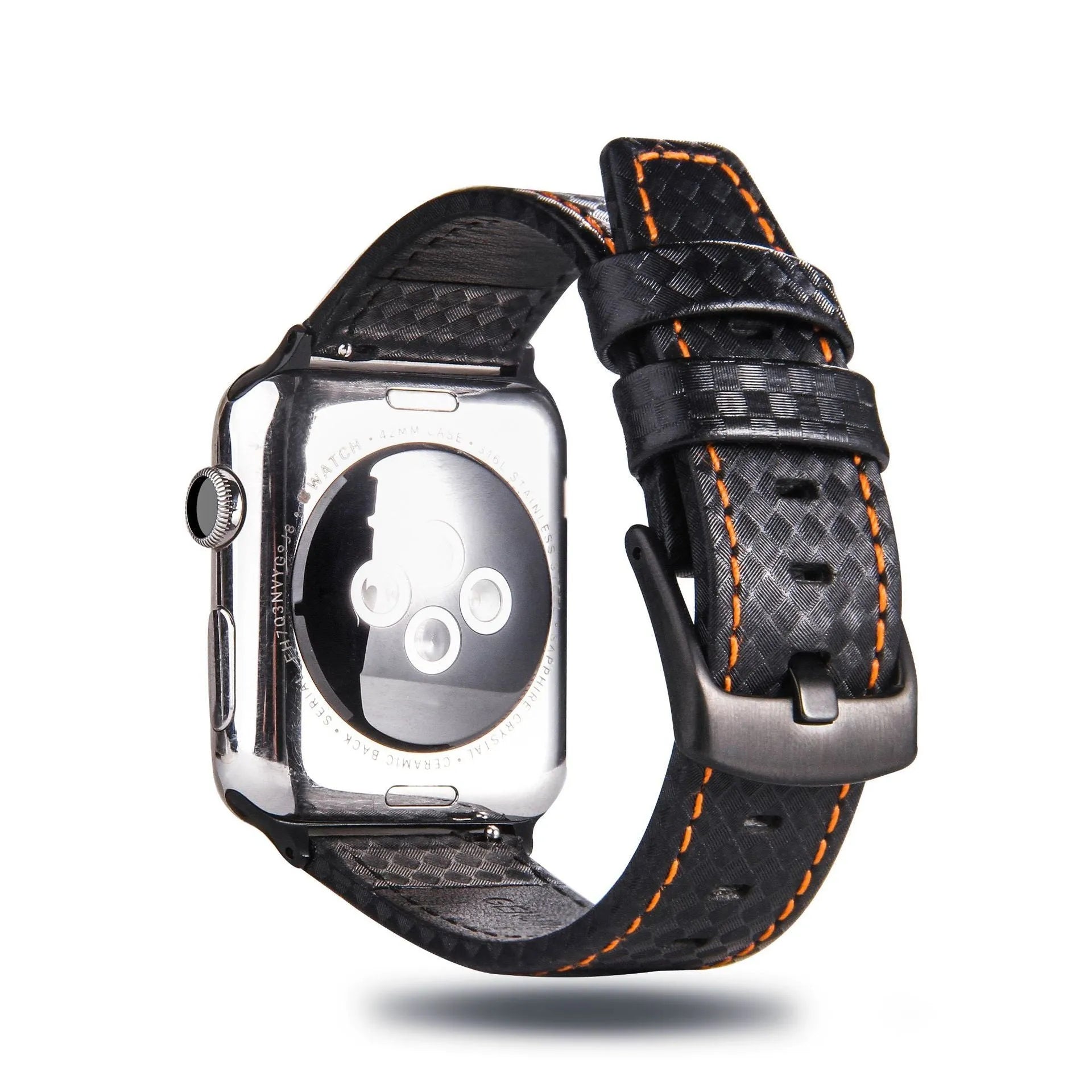 Carbon fibre and leather Apple Watch strap with patterned PC case in red, black, blue, and orange.