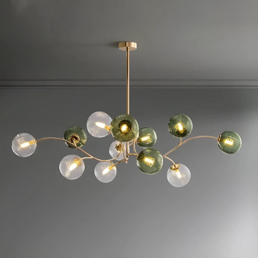 Modern Nordic style multi-head pendant chandelier with green clear lights for a living room.