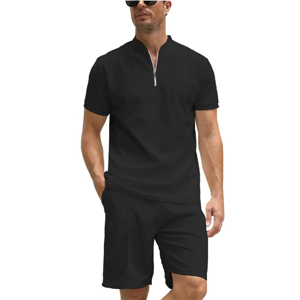 Men's solid colour polo shirt and trousers two-piece set in polyester beaded bird's eye fabric