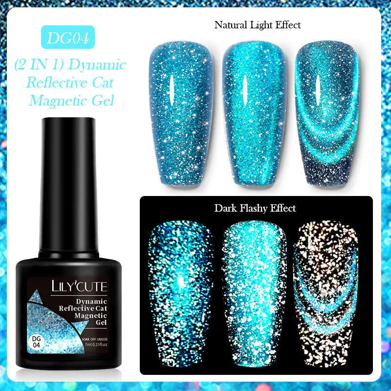 Cat eye nail polish gel with glitter and diamond fragments in six colour variations numbered 01 to 06