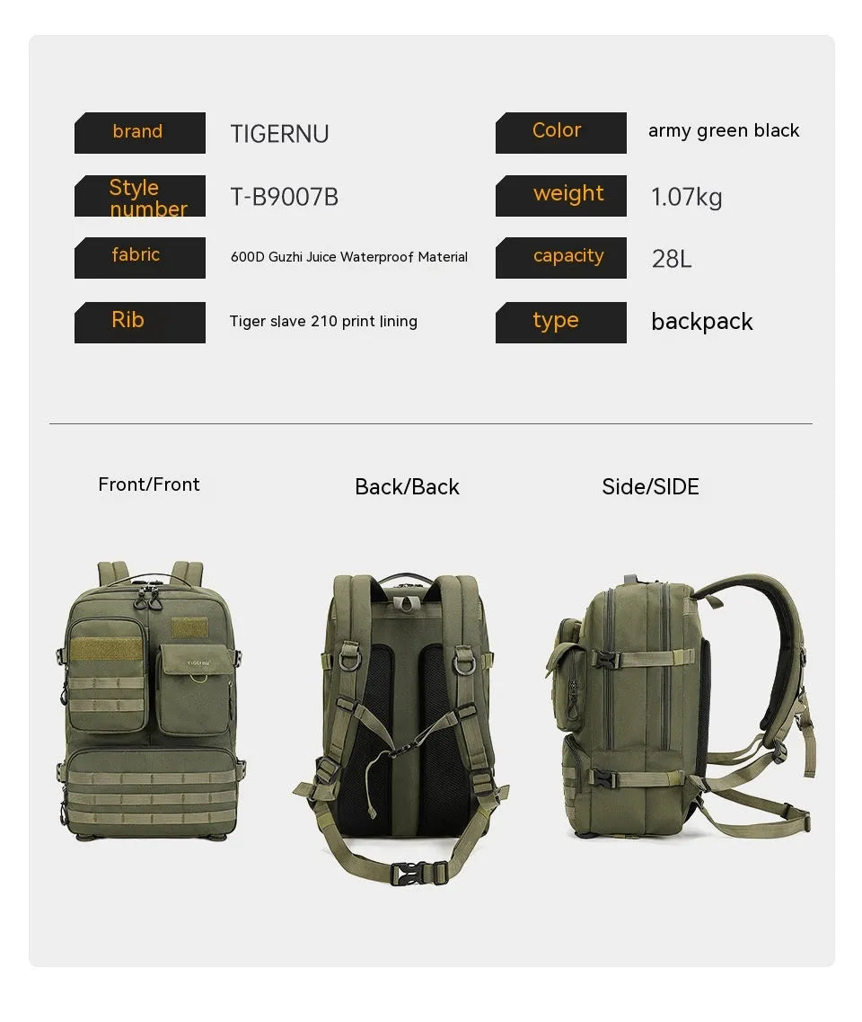 Army green tactical backpack with waterproof nylon construction showing 17-inch frame and adjustable straps