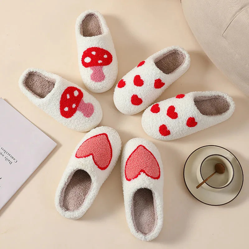 Women's cartoon love style plush slippers with round toe and PVC sole in Big Love pattern
