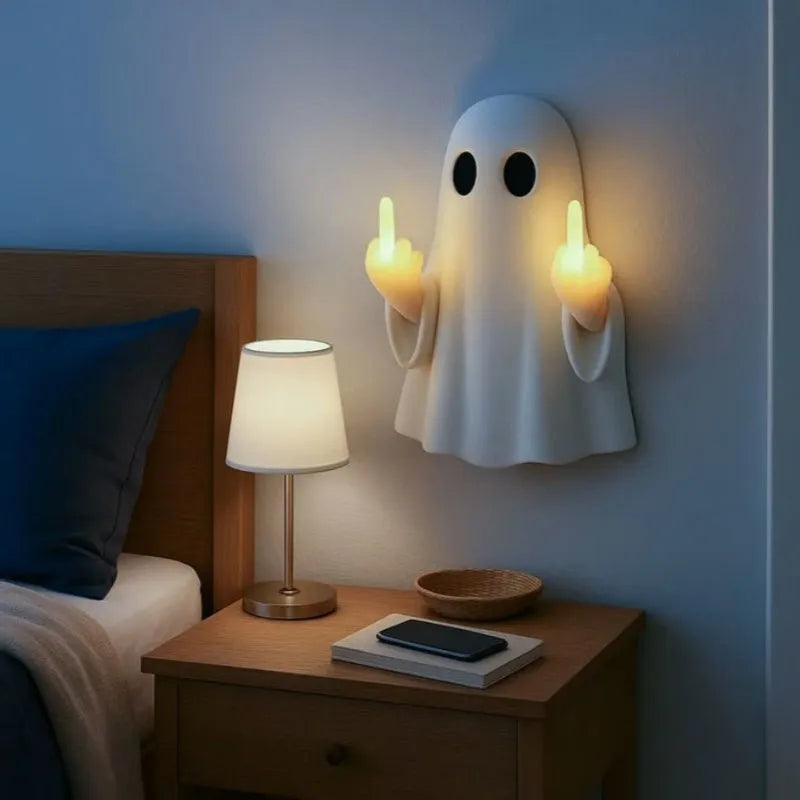 White Halloween ghost night lamp with cute statue design on black background
