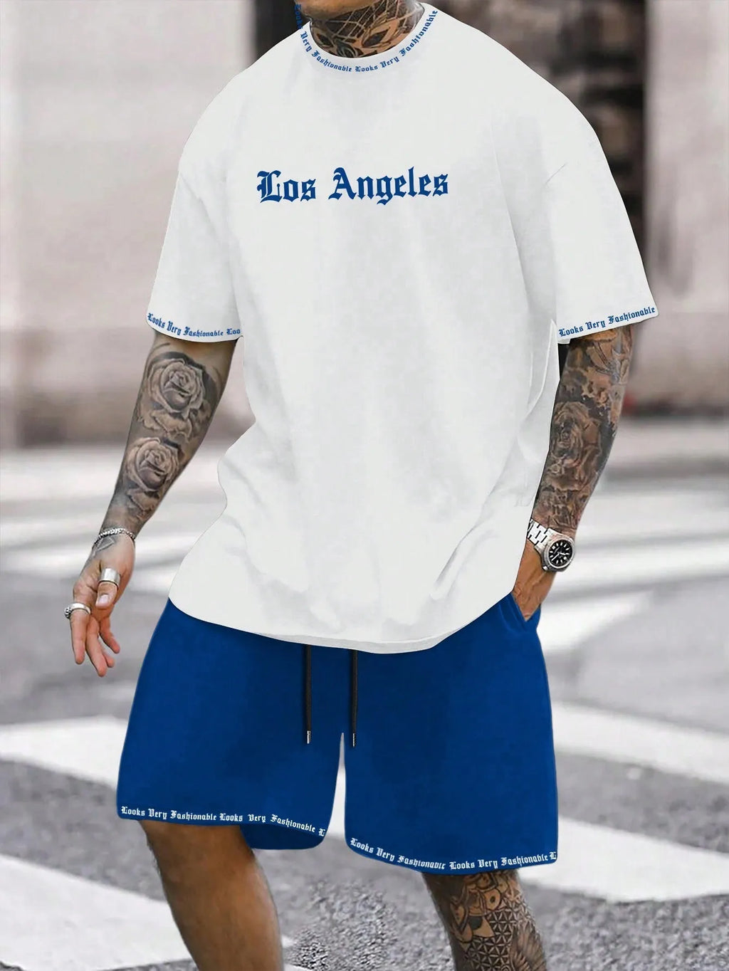 Sports style short-sleeved shorts set with printing pattern in polyester blend fabric