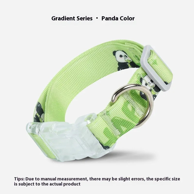 Nylon dog collar with cartoon gradient pattern showing adjustable sizing and panda green colour option