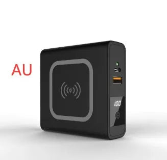 Black or white 10000mAh power bank with wireless charging and four international plug adapters