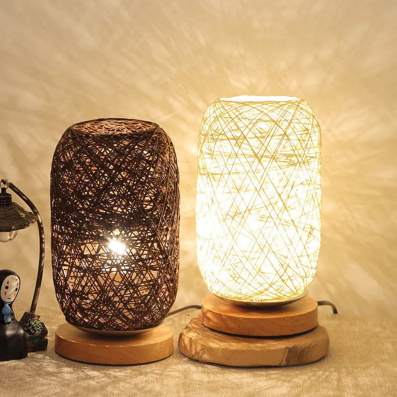 Sepak takraw twine desk lamp with hemp rope shade on solid wood base
