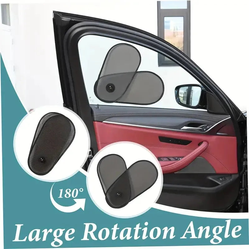 Black breathable car window shades stretched across a car side window with suction cup attachments