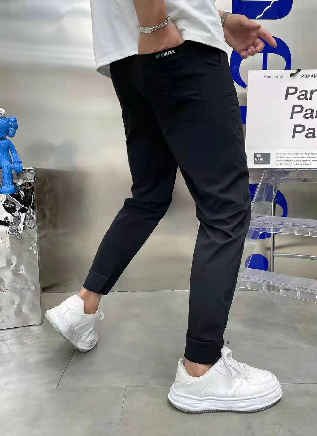 Men's ice silk stitching six-pocket high elastic casual pants in khaki colour