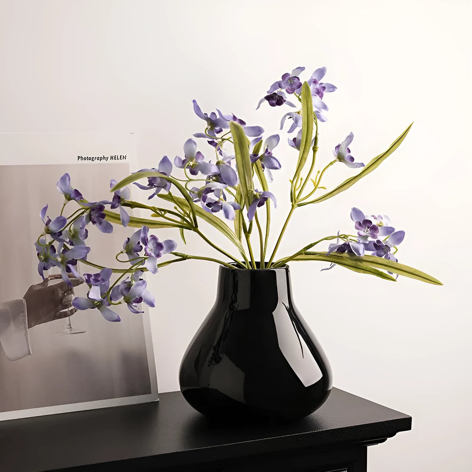 Modern black ceramic vase set with artificial white orchid flowers for home decoration