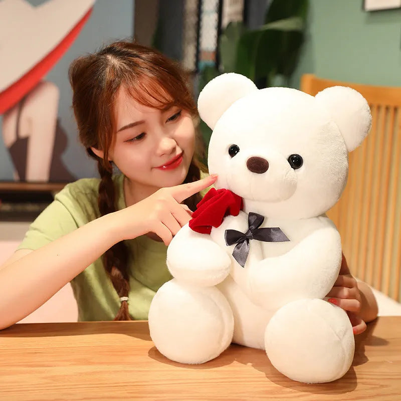 Soft plush Rose Bear teddy bear toy in beige, brown or grey, shown in sizes from 23cm to 45cm.