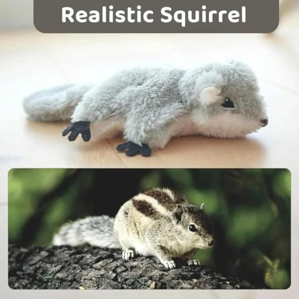Grey plush flapping squirrel cat toy with open wings and touch-activated motion sensor for interactive kitten play