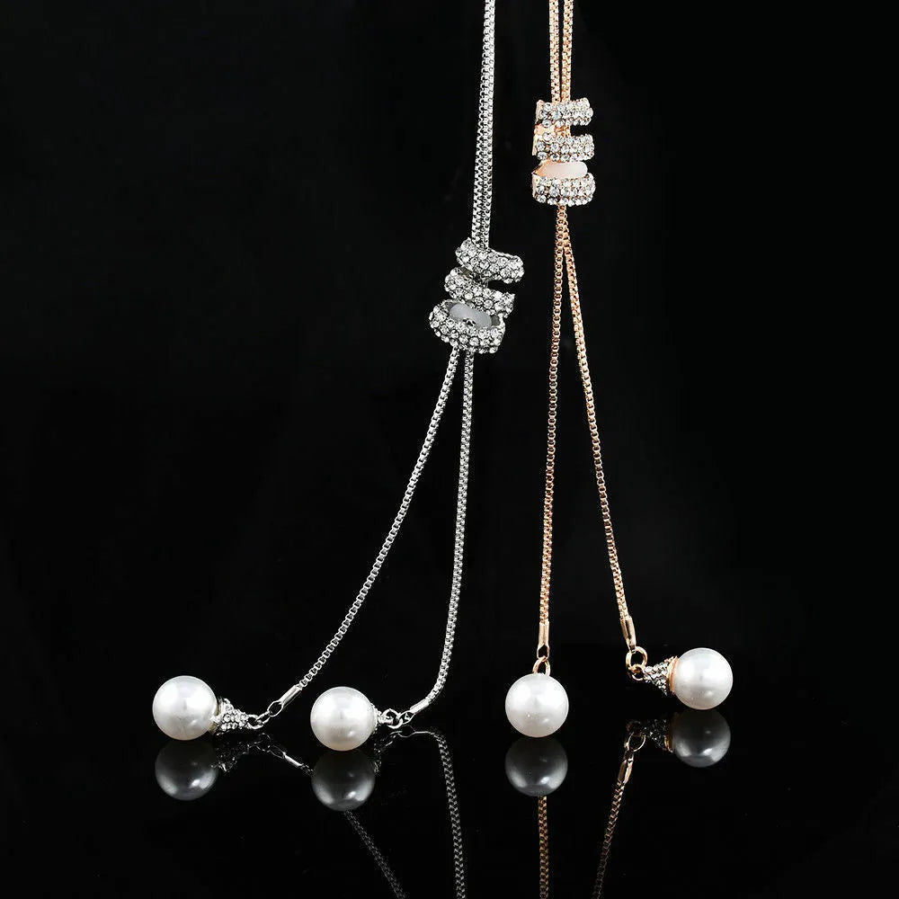 Alloy pearl necklace with twin-strand bamboo chain in silver finish