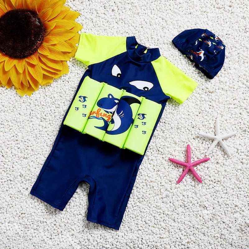 Children's one-piece swimsuit with built-in buoyancy and sun protection in shark boy cartoon pattern