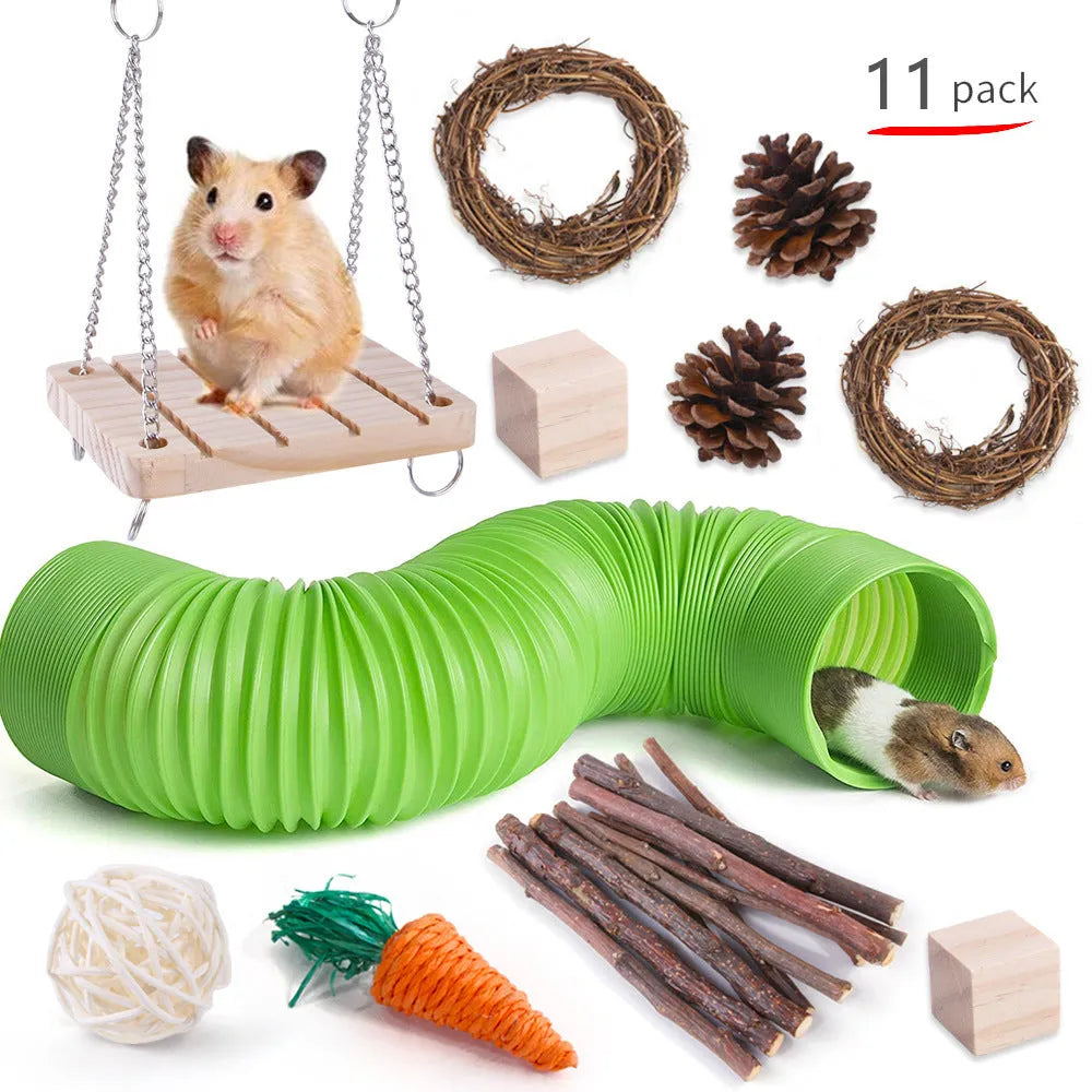 Wooden chew toy sets for rabbits, guinea pigs and parrots with various natural components