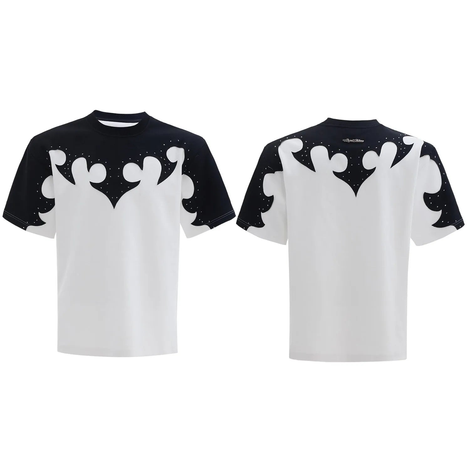 Men's red cotton t-shirt with three-dimensional stitching and rhinestone flower decoration, round neck with short drop-shoulder sleeves