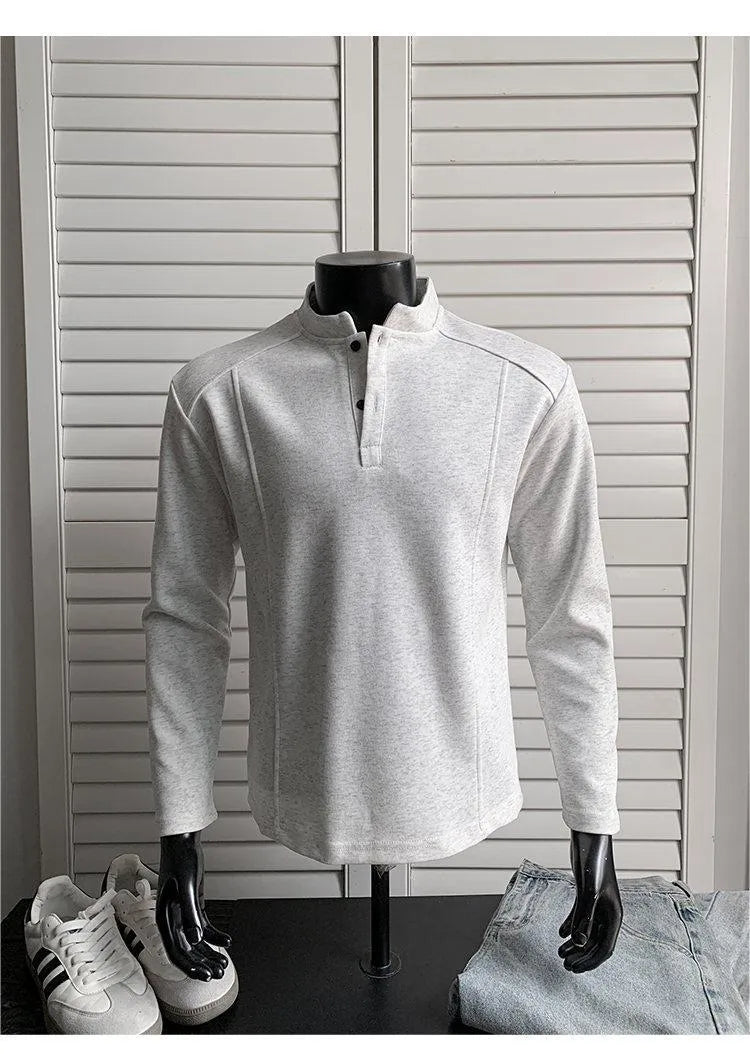 Men's polo shirt with stand-up collar and patchwork shoulder detail in loose fit