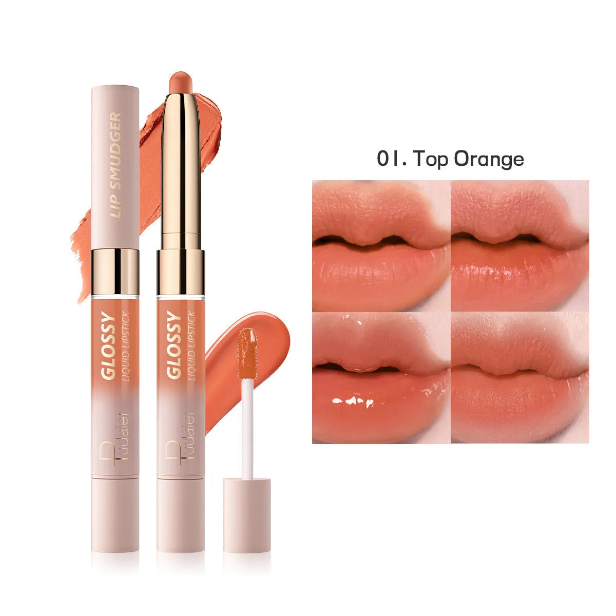Double-headed lipstick and lip gloss cosmetic product showing matte finish with ten colour options