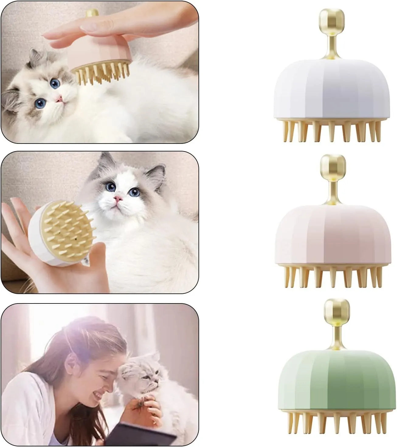 Green double-sided pet bath massage brush with silicone bristles and drain holes.
