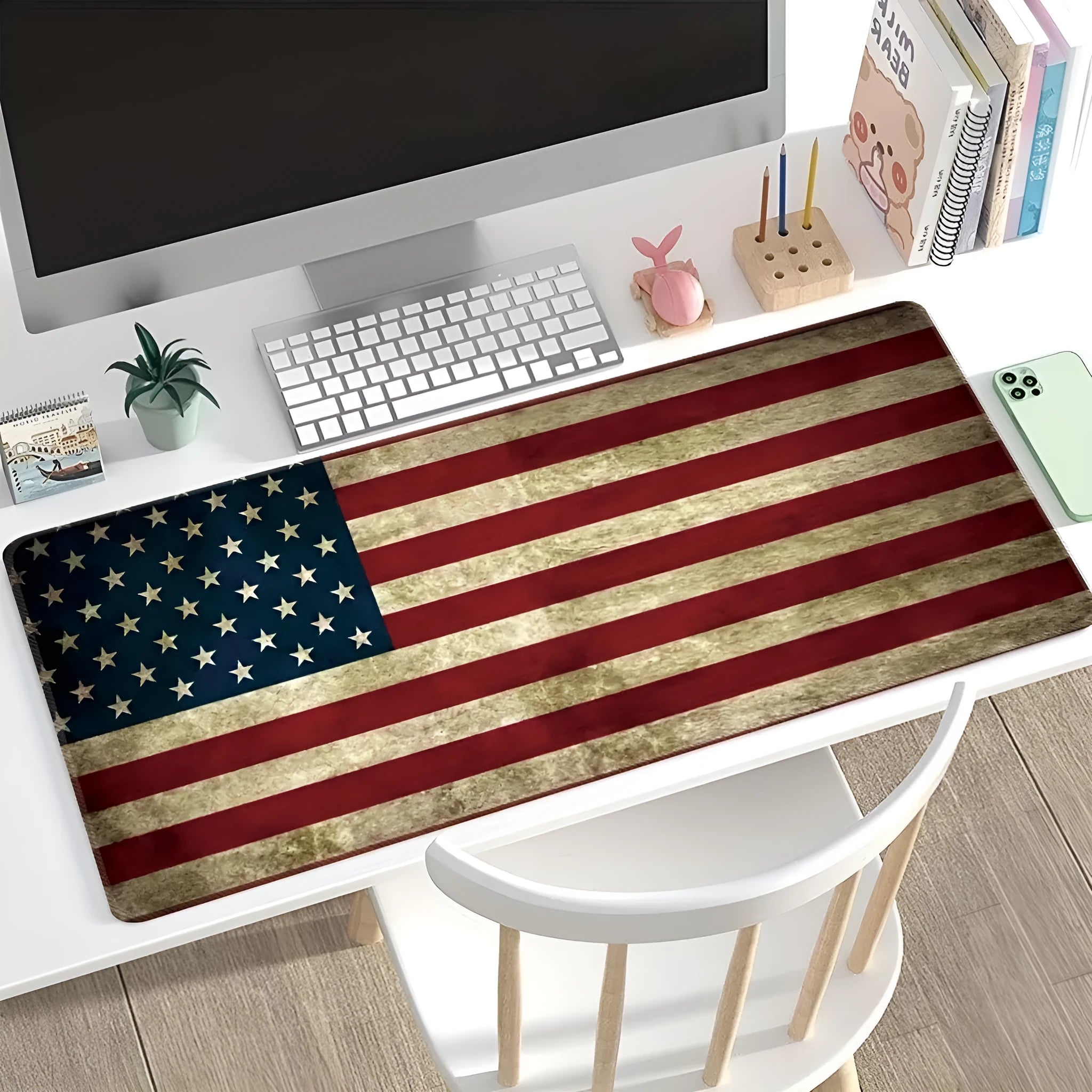 Large natural rubber desk pad with graphic print, showing non-slip base and size options for mouse and keyboard.