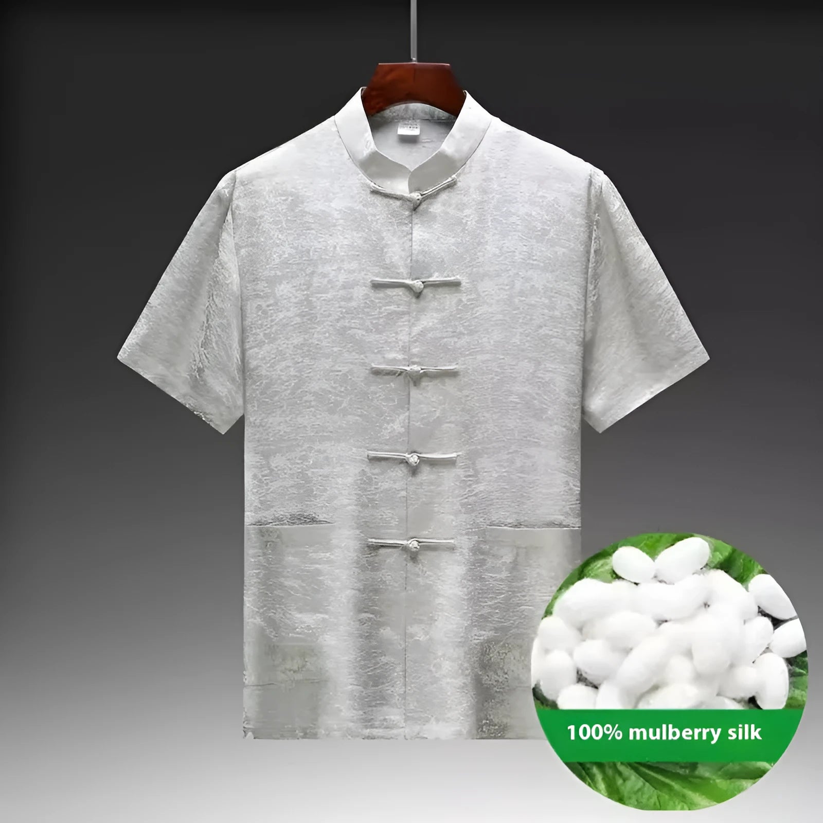 Men's traditional Chinese Tang suit in mulberry silk fabric with mandarin collar jacket and matching trousers