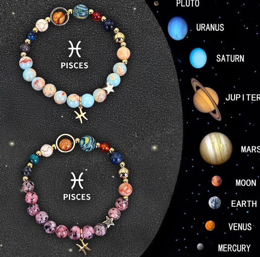 Two natural stone beaded bracelets featuring twelve zodiac sign symbols for astrology lovers.