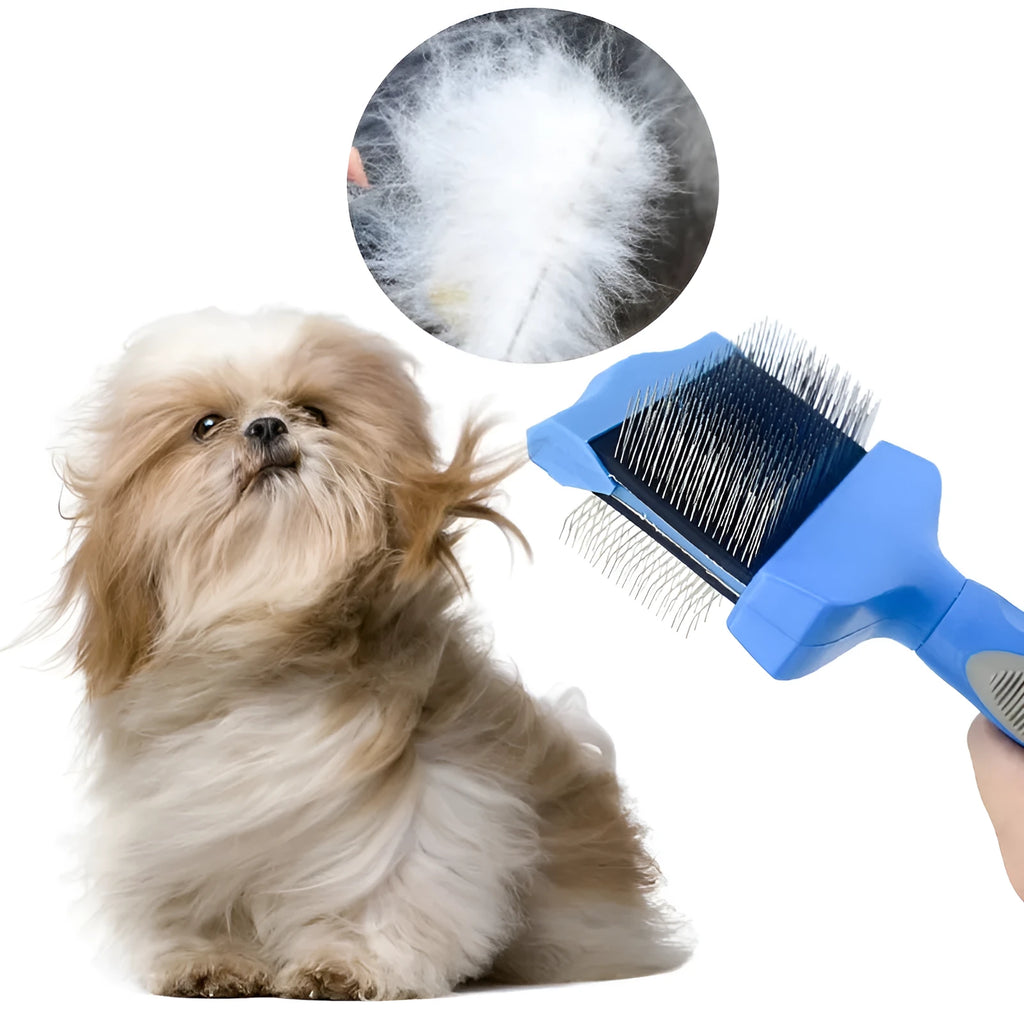 Double-sided stainless steel pet brush with blue handle showing both flexible and firm pin sides