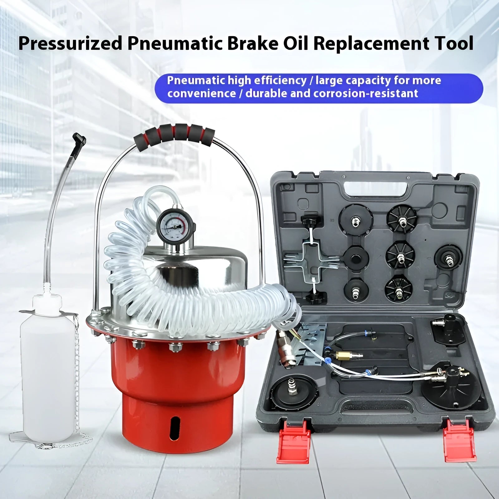 Pneumatic brake fluid replacement machine with pressure gauge and 5L tank.