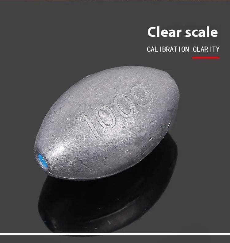 Olive lead fishing sinker with plastic core, rugby shape, and scale pattern in weights from 10g to 150g