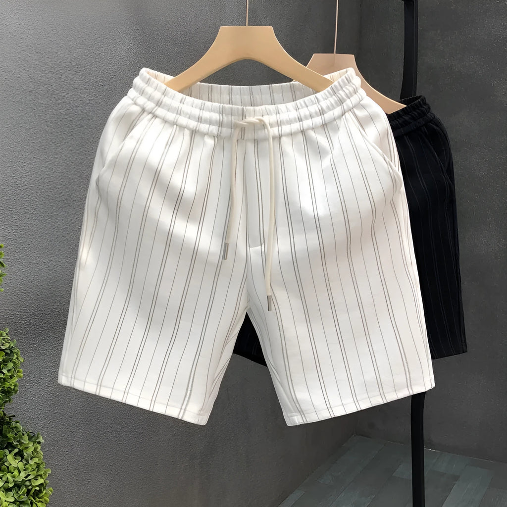 Men's black and white striped fleece-lined casual shorts with a double-layer waistband.