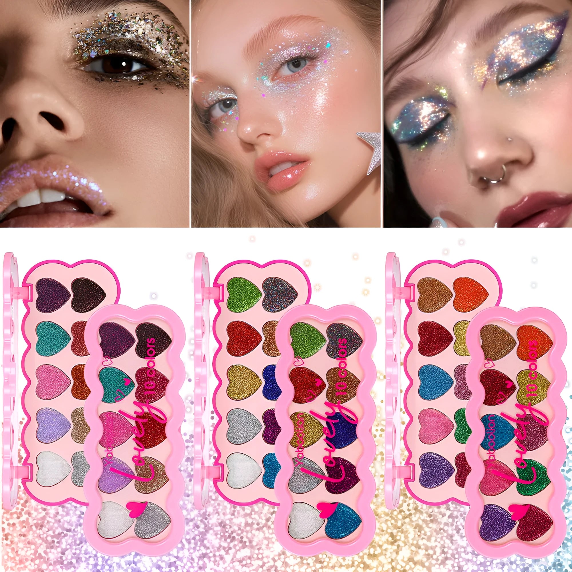 Pearlescent heart-shaped ten-colour sequin eyeshadow palette open, showing pink, blue, black, and coral shades.