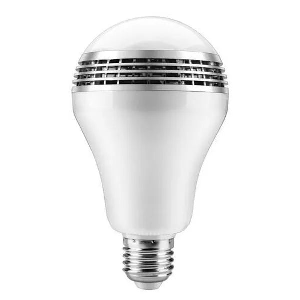 Smart LED E27 bulb with Bluetooth speaker inside, showing RGB colour changing light