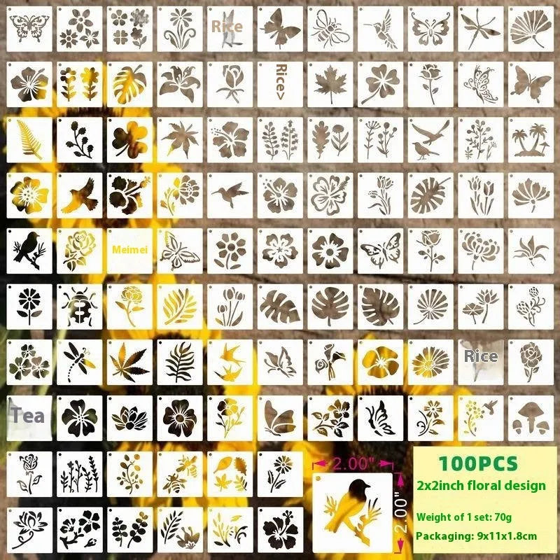 Milky white PET film stencil templates showing flower, leaf, ocean, animal, and letter designs for spray painting