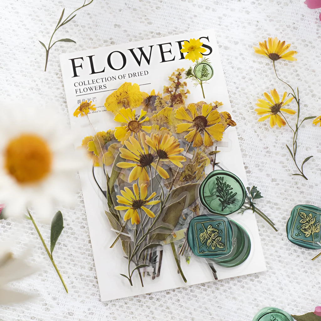 Creative dried flowers journal decoration sticker package showing eight colour variations on PET material