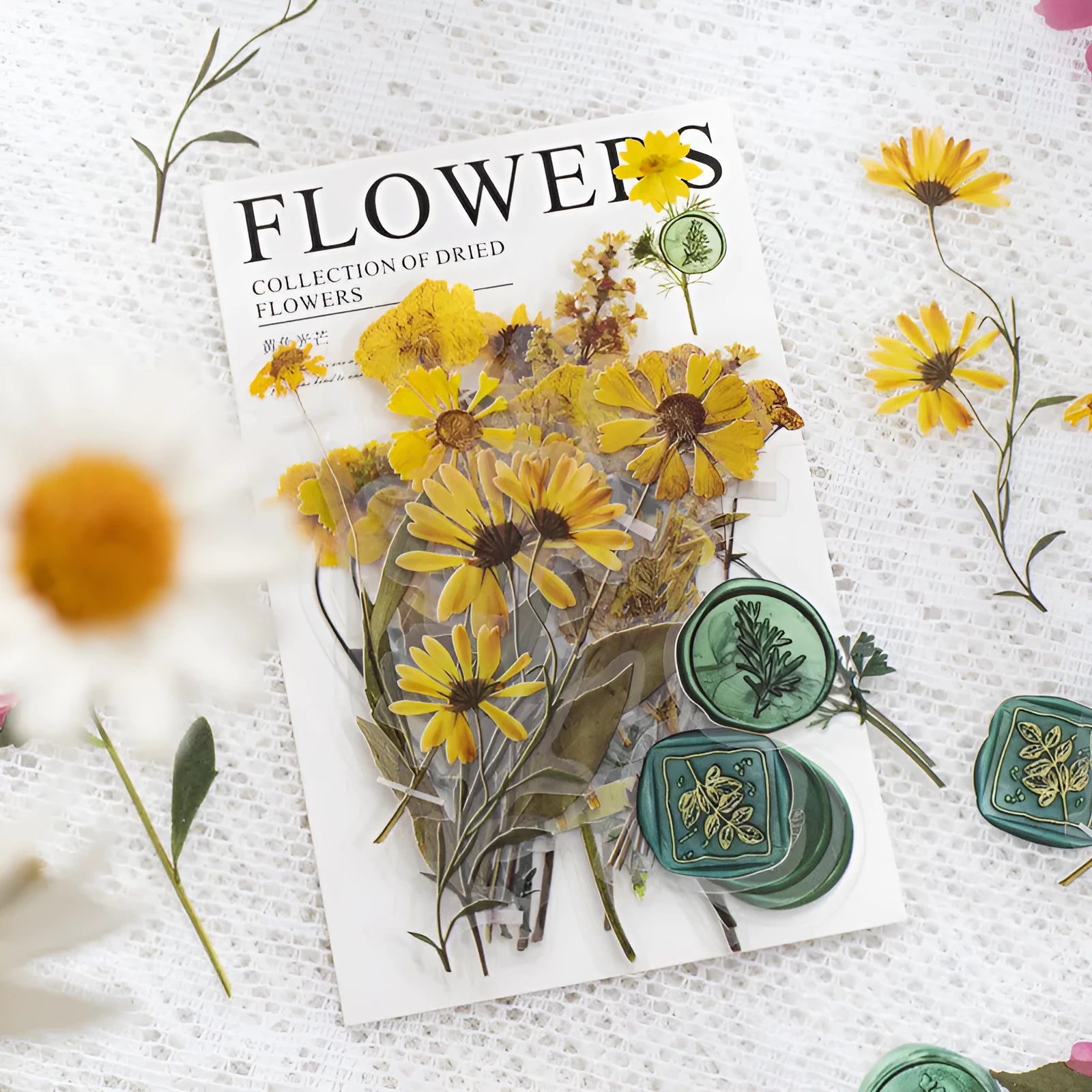 Creative dried flowers journal decoration sticker package showing eight colour variations on PET material