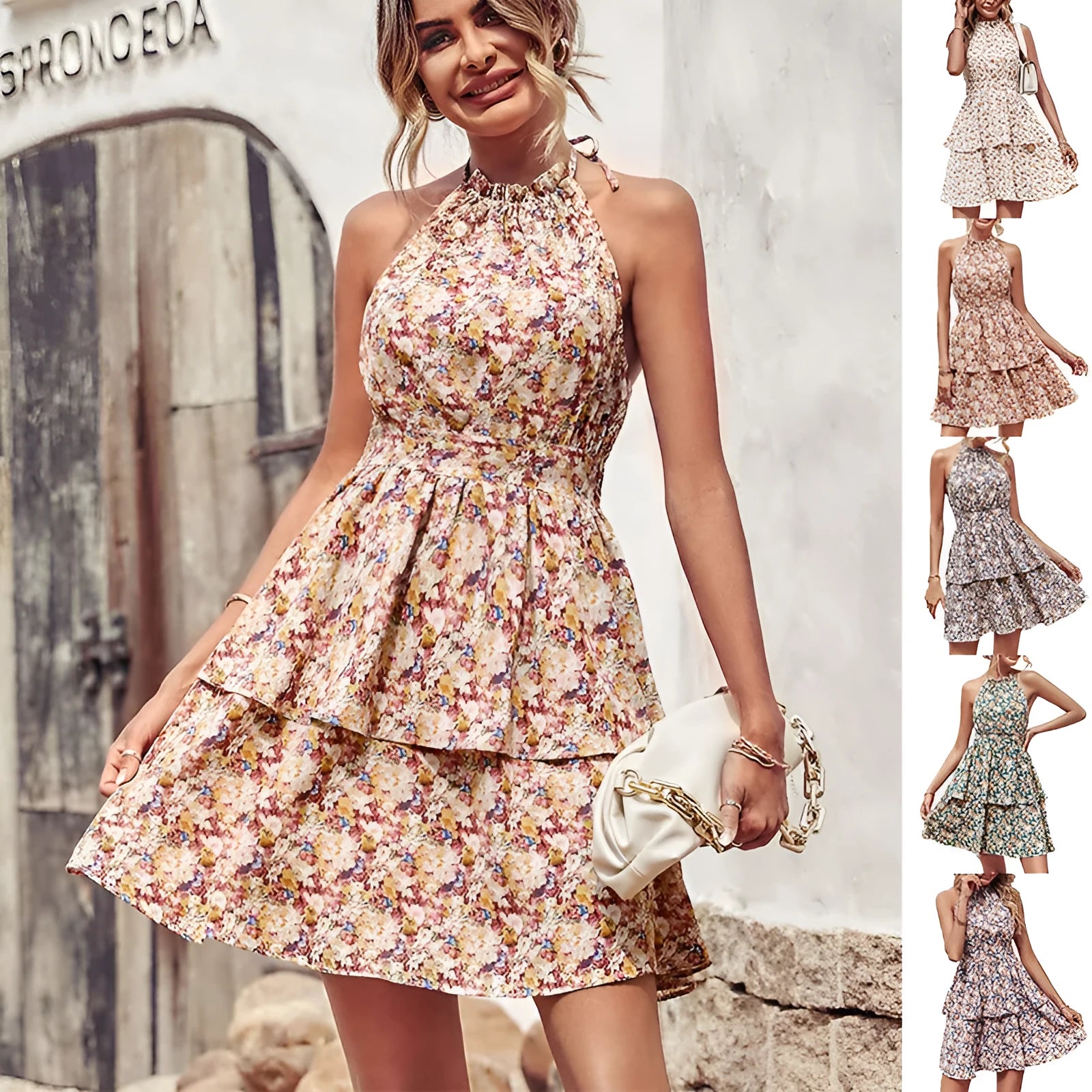 Women's backless halter dress with ruffled A-line skirt in a boho print