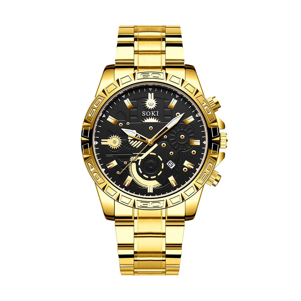 Men's gold stainless steel business quartz watch with date display and steel strap