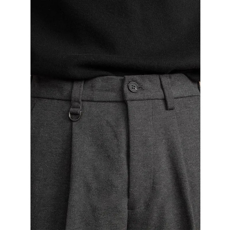 Men's straight-leg business casual trousers in draped style showing four colour options