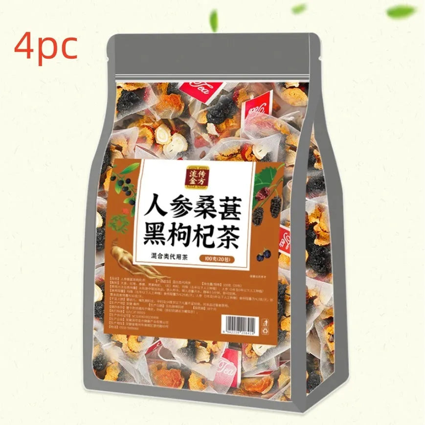 Pack of Ginseng Black Wolfberry Tea showing 40 individual 5g sachets for male vitality support.