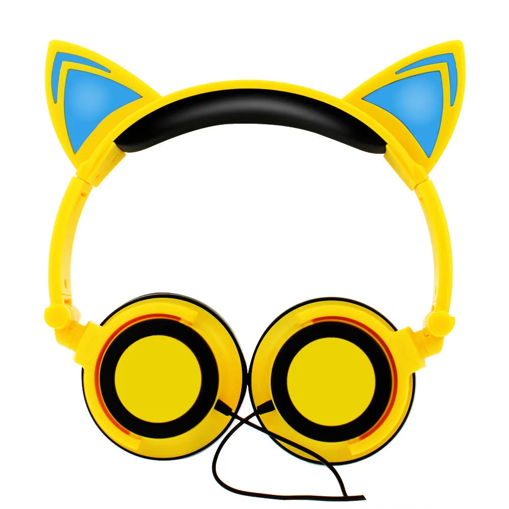 Colourful LED cat ear headphones with glowing ears and cushions, showing 3.5mm plug.