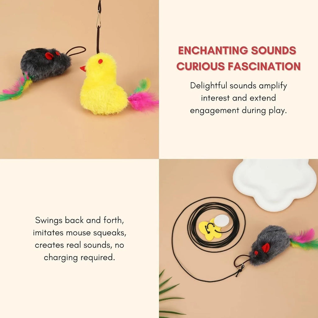 Interactive cat toy hanging from door frame with elastic rope, treat dispenser bulb, and dangling mouse accessory