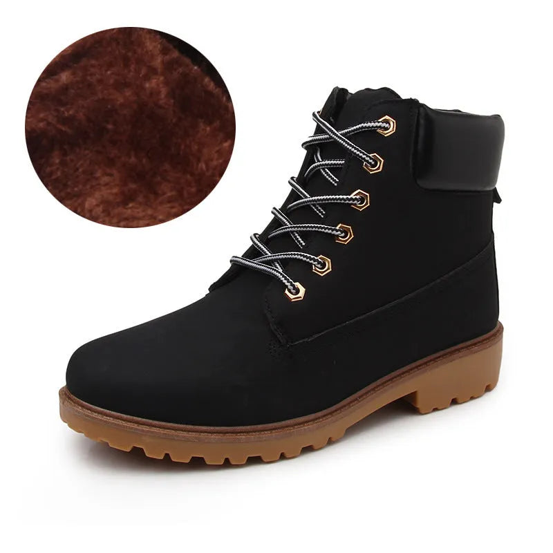 Pink men's high-top Martin boots with velvet lining and flat 1-3cm heel on round toe