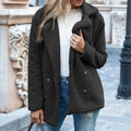 A loose lapel fluffy button coat for women in a choice of twelve colours, shown on a size chart.