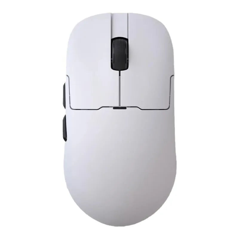 AJ159 gaming mouse in yunfeng white on a desk, showing compact size and Teflon foot pads